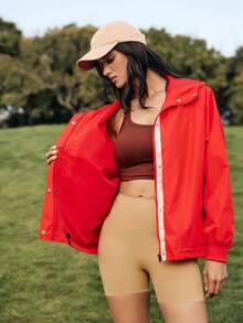 WanderVale 女士长袖拉链休闲宽松外套 - 紅色 - 查看 6