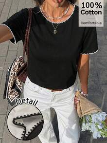 SHEIN Frenchy 休闲简约宽松圆领短袖白色狗牙贝壳花真刺绣装饰女式T恤，适合夏季穿着，复古风格 - 黑色 - 查看 8