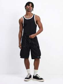SUMWON Men's Cargo Shorts With Contrast Stitching Detail Multiple Pockets Knee Length Casual Summer Streetwear - Black - View 5