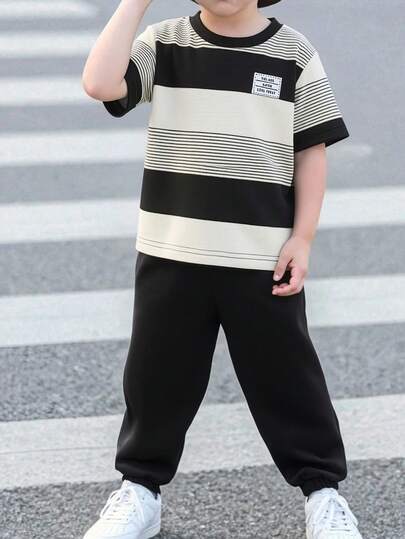 2pcs Toddler Boys' Casual Striped Round Neck Short Sleeve T-Shirt And Elastic Waist Loose Fit Pocket Pants Set, Comfortable And Practical, Suitable For Autumn, Spring, Summer, Daily Wear, Commuting, Outdoor Play, Sports, School, Streetwear, Party And Photo Shoots