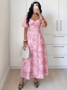 Modelyn Đầm dài ngắn tay dệt in họa tiết dành cho nữ, thắt eo - Hồng - Xem 3