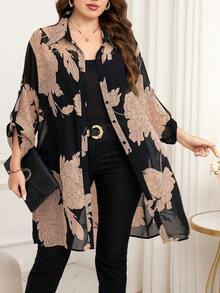 Reflora Plus Size Contrast Color Loose Long Sleeve Casual Blouse For Women - Coral Orange - View 1