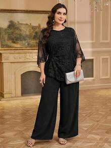 Reflora Conjunto de 2 piezas de talla grande elegante para ir al trabajo con top de encaje y pantalones de unicolor - Negro - Ver 7