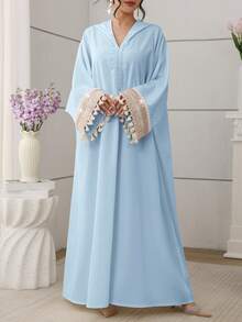 SHEIN Najma Đầm kiểu Ả Rập dành cho nữ, có mũ trùm đầu, dây buộc ren, tay áo cánh dơi và tua rua ở gấu đầm. - Màu xanh lam - Xem 4