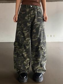 DAZY Pantaloni cargo larghi in stile casual da donna con lavaggio mimetico e tasche grandi, jeans in stile di strada Y2K - Verde militare - Visualizzare 4