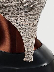 Mistrie Sexy Hooded Sequin Mesh Asymmetrical Sleeveless Top For Women - Grey - View 5