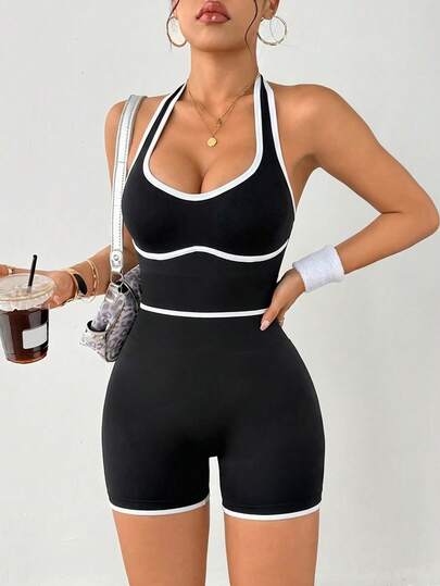 Dewbera Contrast Color Trim Backless Halter Fitted Sports Romper