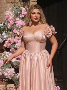 Glamrae 大码优雅奢华浪漫露肩3D立体花卉袖褶皱长裙,适合晚宴、婚礼、度假(精致设计)泡泡袖长款缎面连衣裙优雅生日礼服腮红粉色大码连衣裙大码束身连衣裙大码仙女裙缎面连衣裙大码美丽礼服适合特殊场合女士生日礼服伴娘礼服女士正式礼服新娘招待会礼服大码大码舞会礼服女士大码舞会礼服大码新娘 - 香檳色 - 查看 2