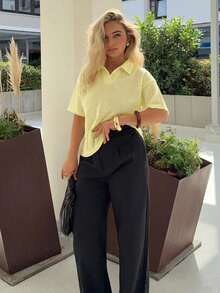 Jeta Ari 女式夏季纯色基本款 Polo 领宽松纹理短袖 T 恤 - 黃色 - 查看 4