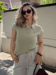 Jeta Ari Women's Solid Color Fitted Knit POLO Collar Top, Casual For Commute, Spring/Summer - Mint Green - View 5