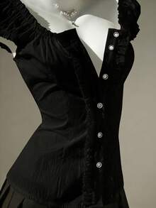 Elamini 女士简约甜美清新荷叶边露肩花瓣袖衬衫，春夏款 - 黑色 - 查看 5