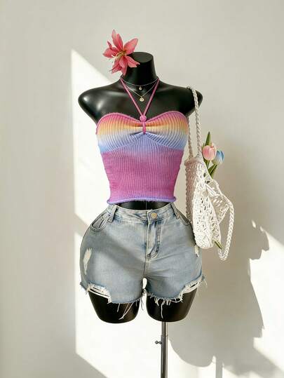 Aloruh Women's Halter Neck Backless Ombre Casual Versatile Knit Top For Daily Wear