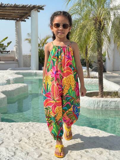 SHEIN Genç Kızlar İçin Sevimli Günlük Tatil Çiçek Desenli Tulum, Şifon Tulum Tatil, Seyahat, İlkbahar/Yaz İçin Uygundur