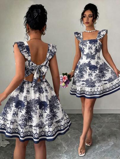 Elenzga Đầm nữ cỡ lớn họa tiết mực xanh trắng cổ điển, tay phồng, thắt eo, lưng hở, dáng chữ A, nơ, gấu xếp ly, thích hợp mặc đi nghỉ mát, đi làm, mùa hè.