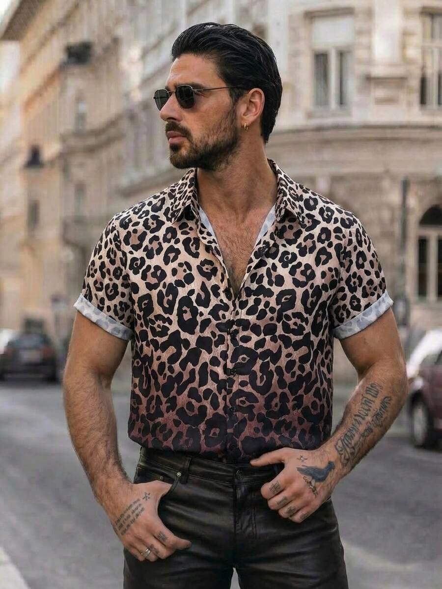 GENTILAND Men's Avant-Garde Textured Leopard Print Shirt Collar Short Sleeve Regular Fit Polyester Shirt With Pocket