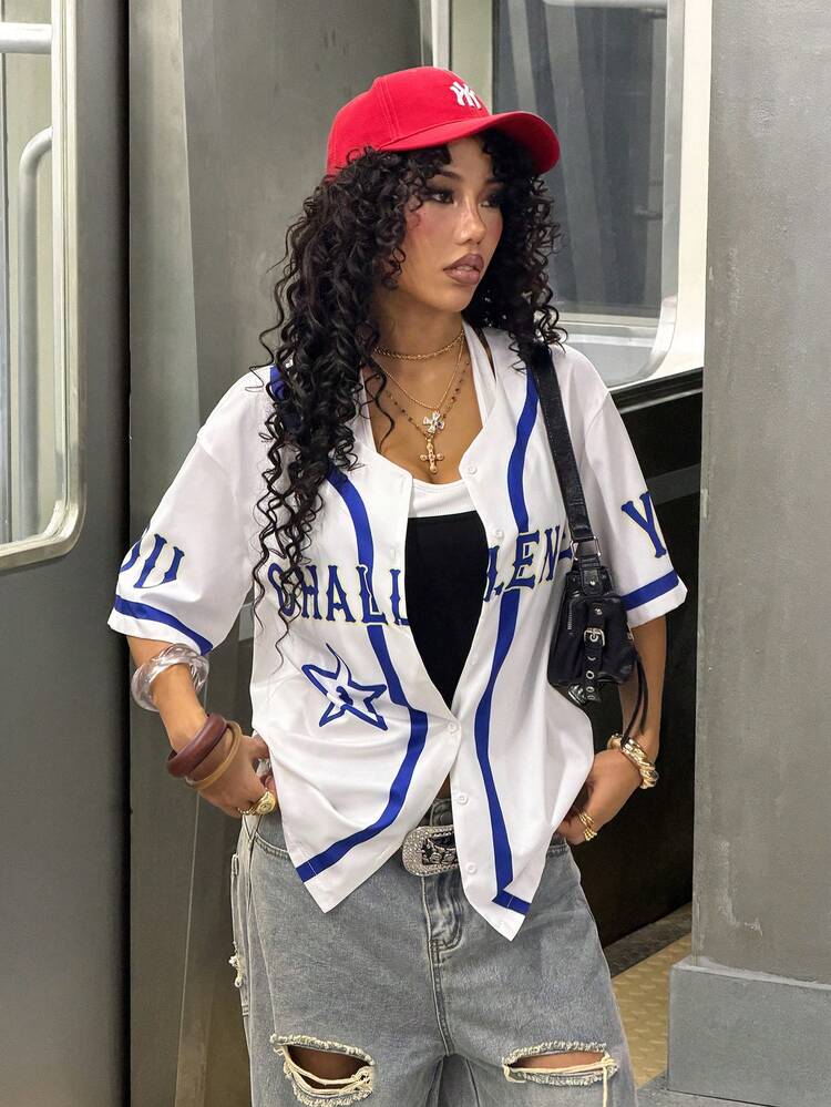 StreetHx Women's Loose Fit Baseball Shirt, Casual Street Sports Wear For Summer - White - View 9
