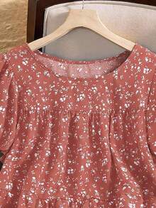 Rusticease Plus Size Floral Print Round Neck Casual Short Sleeve Shirt, Summer - Watermelon Pink - View 8