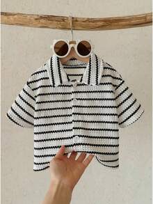 LMoss Kids 男婴白色薯条条纹短袖衬衫，夏季 - 黑與白 - 查看 6