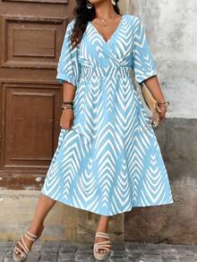 EMERY ROSE Vestido Elegante de Manga Curta Estampado, Verão - Azul - Visão 6