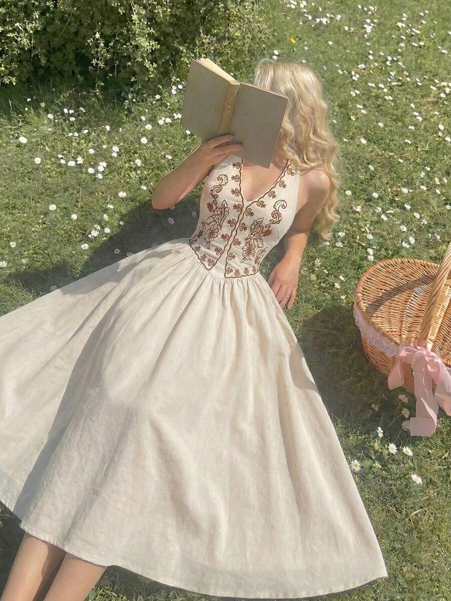 SHEIN MOD Vestido Feminino Estilo Boêmio Sem Mangas e Decote Nas Costas com Bordado Floral - Damasco - Visão 1