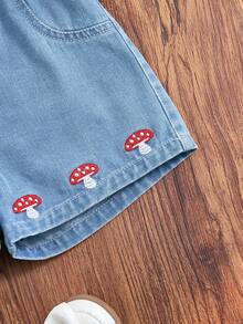 SHEIN Playful Pals Young Girl' Loose Denim Shorts, Comfortable & Versatile For Summer, Embroidered Mushroom Design, Elastic Waistband, Light Blue Denim Fabric, Suitable For Daily, Travel, Party - Blue - View 6