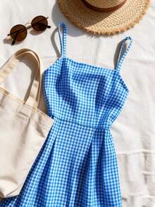 Franclia 无袖褶皱收腰蓝色格子迷你连衣裙，优雅迷人，适合春、夏、秋、冬四季穿着，可用于约会、休闲、通勤、度假、商务、办公等场合，百搭实用，日常穿着尽显优雅气质，也适合海滩度假。 - 藍色 - 查看 5