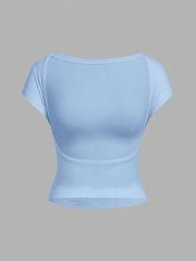 SHEIN EZwear 女士休闲简约V领短袖T恤，黑/蓝/白唇印图案，适合春夏旅行、度假、约会 - 彩色 - 查看 3