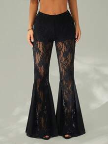 SHEIN PETITE Women's Lace Patchwork Casual Versatile Daily Wear Flare Pants - Black - View 1