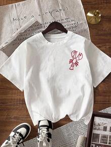 EMERY ROSE Women's Casual Crew Neck Lobster Graphic Short Sleeve T-Shirt, Versatile For Daily Wear - White - View 2