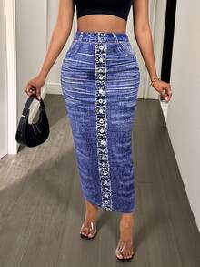 Glyssa Minifalda ajustada y sexy con estampado para mujer - Azul lavado medio - Ver 1