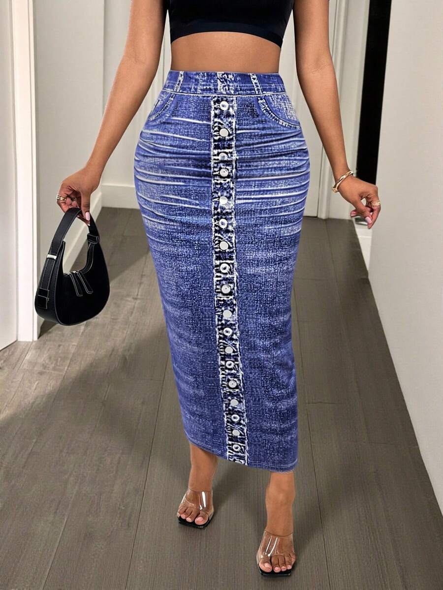 Glyssa Minifalda ajustada y sexy con estampado para mujer - Azul lavado medio - Ver 1