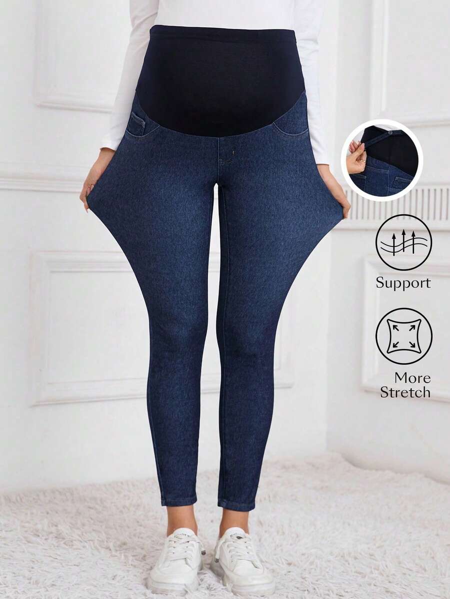 SHEIN Maternity Casual Patchwork Stretchy Knit Skinny Fit Jeans - Dark Wash - View 1