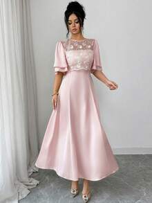 Modelyn Women's Elegant Floral Embroidered Mesh Patchwork Dress, Spring/Summer - Pink - View 4