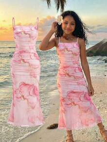SHEIN Teen Girl Floral Print Mesh Ruched Cami Dress,Kids - Pink - View 8