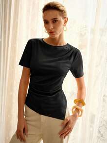 MOTF PREMIUM Áo thun ngắn tay cổ tròn xếp ly bất đối xứng bằng cotton, thích hợp cho mùa xuân/hè. - màu đen - Xem 6