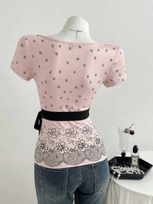 Elamini Áo thun ngắn tay ôm dáng, họa tiết ren giả hai mảnh, phối nơ, dành cho nữ, thích hợp cho kỳ nghỉ hè. - Màu Hồng baby - Xem 2