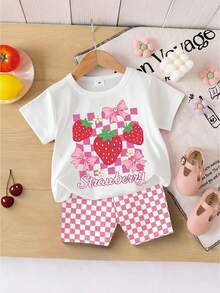 SHEIN 2件套少女休闲可爱草莓水果印花短袖T恤和格子印花短裤套装，夏季服装 - 彩色 - 查看 3