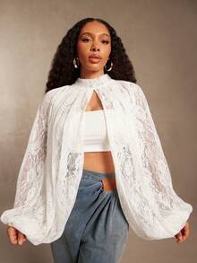 Vixey Blusa de mangas globo con abertura en el bajo y detalles de encaje transparente - Blanco - Ver 4