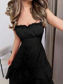 Jemour Apricot Vintage Ruffled Hem Women's Dress, Casual Outfit For Early Autumn - Black - View 3