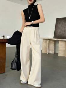 DAZY Women's Solid Color Pleated Loose Suit Pants, Spring & Summer - Beige - View 5