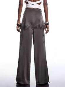 LYSMO 2026新款极简春夏女式灰色蕾丝拼接荷叶边休闲百搭通勤阔腿裤，饰有蕾丝花边 - 深灰色 - 查看 2