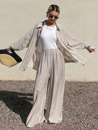 DAZY Kadınlar için Düz Renk Önü Düğmeli Uzun Kollu Bluz ve Lastikli Bel Uzun Pantolondan Oluşan Günlük 2 Parça Yazlık Takım