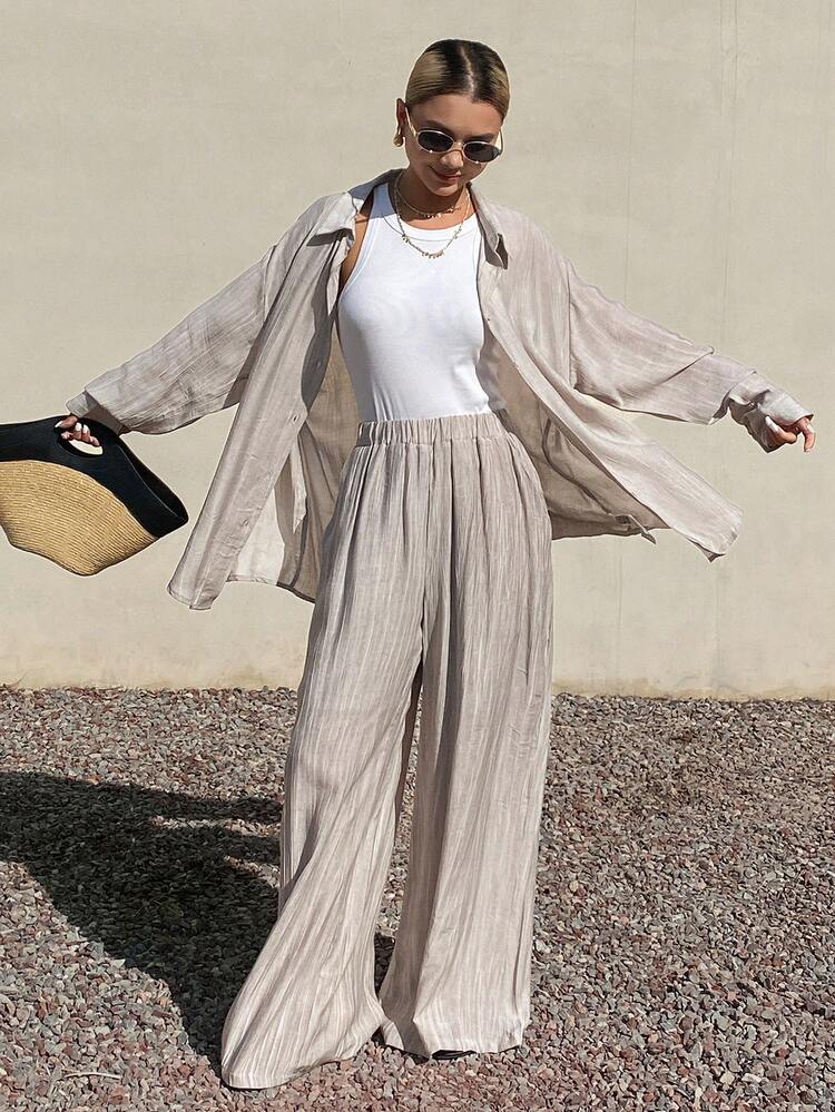 Women's Solid Color Front Button Long Sleeve Top And Elastic Waist Long Pants Casual 2 Pieces Set Summer