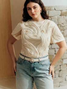 Áo thun ngắn tay cổ tròn thêu đính cườm thanh lịch Anewsta dành cho nữ, thích hợp cho kỳ nghỉ hè, đi biển, mặc thường ngày. - Màu be - Xem 6