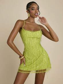 SHEIN BAE Women's Lime Green Beaded Tassel Sleeveless Mini Dress, Summer 70's Party Club Disco Rave Floral Backless Spaghetti Strap Nightclub Beach Outfit Sexy - Green - View 1