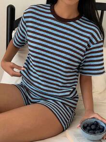 SHEIN EZwear 女士条纹圆领短袖上衣和短裤两件套休闲装 - 藍色 - 查看 4