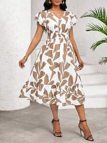 SHEIN Lady Vestido casual de mujer de longitud media con cintura fruncida y estampado, con lazo - Multicolor - Ver 4