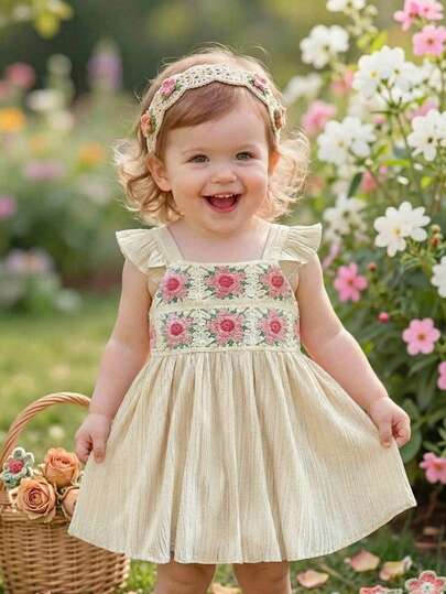 SHEIN 女宝宝度假休闲可爱碎花钩针吊带裙