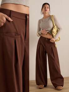 Easelle Damen einfarbige, schlichte, lange Hosen in Dunkelbraun für Sommer und Frühling, Damen Braun mit Doppelfalte, weites Bein Design - Kaffeebraun - Übersicht 6