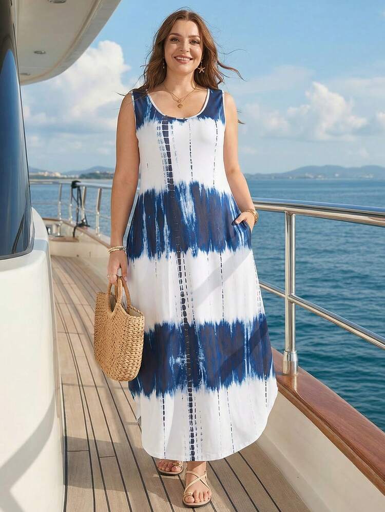 Plus Size Women's Summer Casual Vacation Country Round Neck Sleeveless Pocket Dye Print Casual Midi Dress,Summer Clothes,Vacation Outfits Woman / Vacation,Boho Women Clothing,Summer Outfits For Women ,Vacation Outfits Women ,Holiday Outfits For Women,Going Out Outfits,2026 New Clothes,Simple And Fashionable For Everyday Wear,Suitable For Summer, Vacation, Daily Wear, Festival Outfits For Women,Country Concert Outfit,Beach Outfits For Women,Flowy Dress